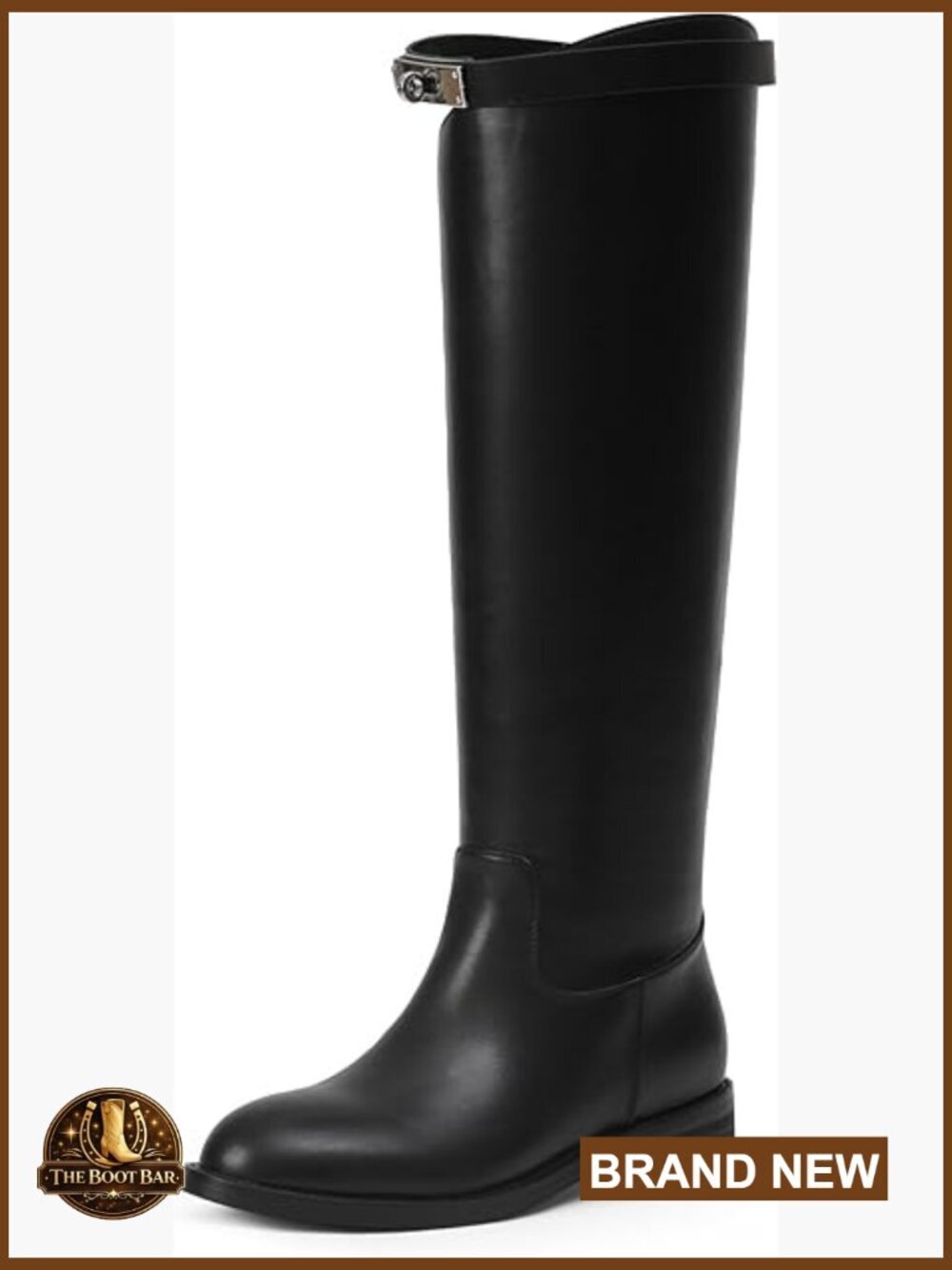 Women's Knee High Riding Boots Silver Buckle Chunky Heel Faux Leather Round Toe